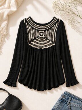 Free People Black Crochet Yoke Long Sleeve Top Size XS | Boho Asymmetrical Hem
